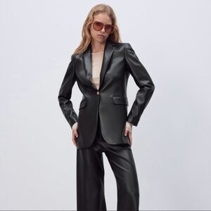 Zara faux Black Leather Blazer with gold buttons